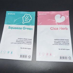 Lot Of 2 ENATURE Sheet Masks - Cica Herb Restore & Squeeze Green NIP